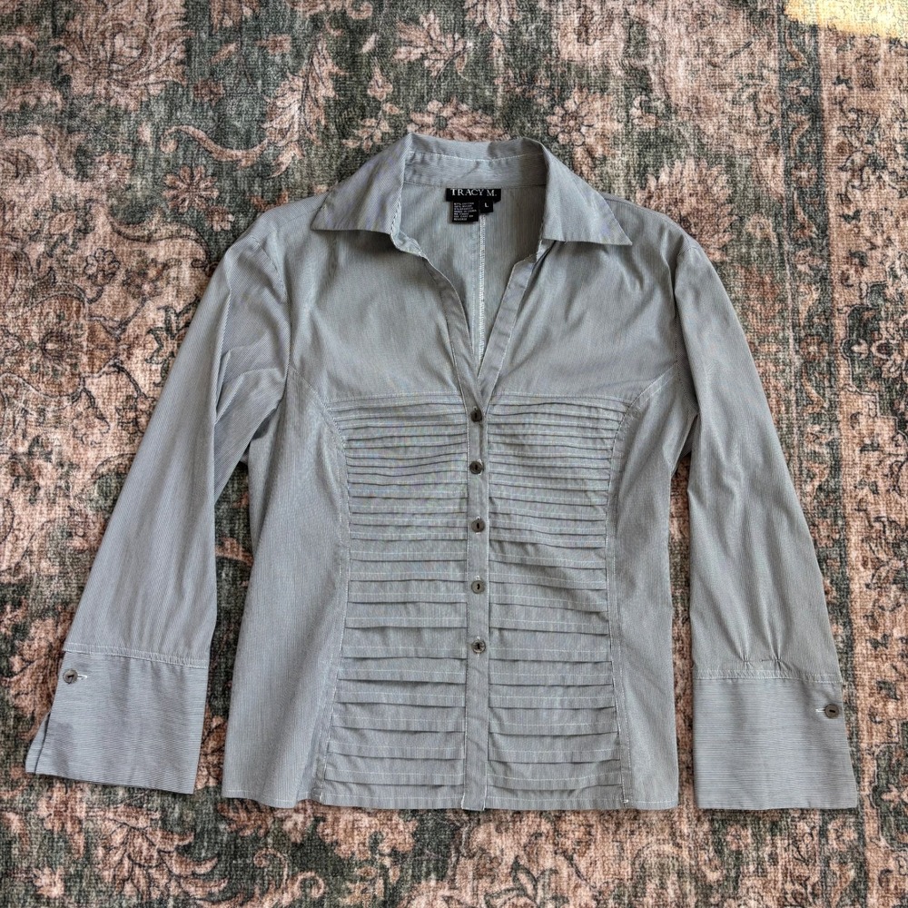 Vintage Tracy M Button Down Shirt Large Striped Pleated Office Siren 90s Y2K